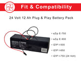 Mongoose, eZip, & IZIP e-Bike 24 Volt 12 Ah Plug & Play Battery Pack featuring a black battery with attached wires, suitable for electric bicycles and scooters.