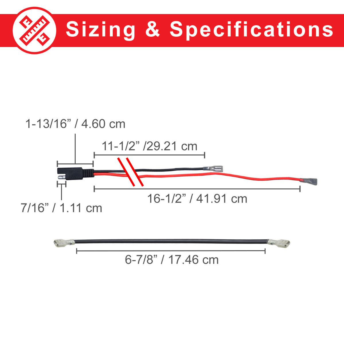 Diagram illustrating sizes and measurements of the Mongoose, eZip, & IZIP e-Bike 24 Volt 12 Ah Plug & Play Battery Pack, featuring a black and red wire with a silver end and wiring harness.