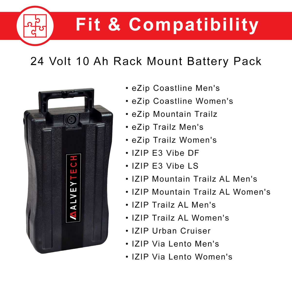 24 Volt Rack Mount Battery Pack for Currie Electric Bikes in a black plastic case with a handle and red text, featuring round button-style terminals at the bottom.