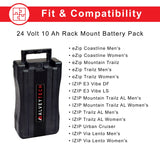 24 Volt Rack Mount Battery Pack for Currie Electric Bikes in a black plastic case with a handle and red text, featuring round button-style terminals at the bottom.