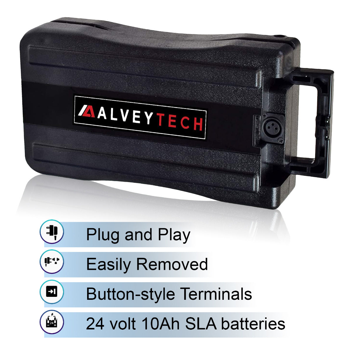 24 Volt Rack Mount Battery Pack for Currie Electric Bikes, featuring a black plastic case with a logo and button-style terminals, designed to house two 12V 10Ah SLA batteries.