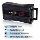 24 Volt Rack Mount Battery Pack for Currie Electric Bikes, featuring a black plastic case with a logo and button-style terminals, designed to house two 12V 10Ah SLA batteries.