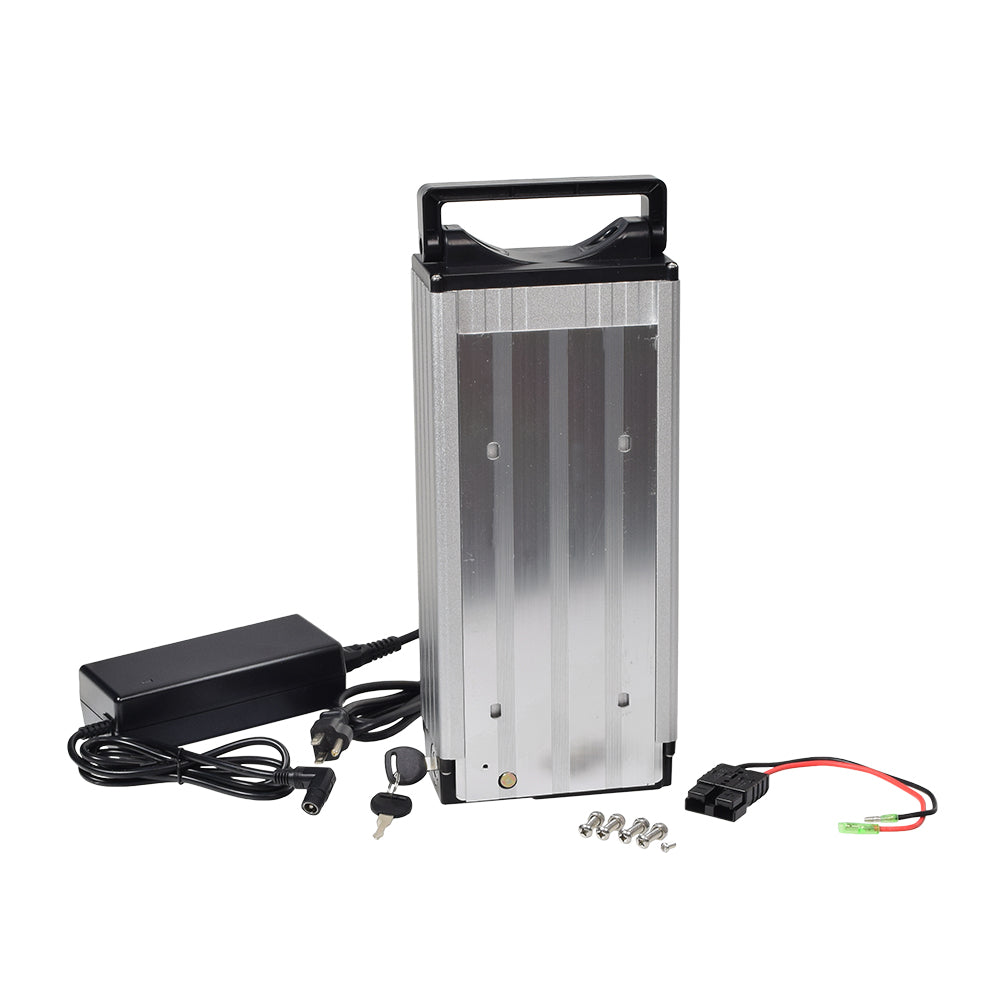 24 Volt 20 Ah Lithium-ion Electric Bike e-Bike Battery Pack & Charger featuring a compact silver and black battery with wires, cables, and an included black power supply with a plug.