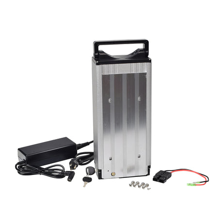 48 Volt 10 Ah Lithium-ion Electric Bike e-Bike Battery Pack & Charger, featuring a silver and black battery with attached wires and cables, accompanied by a compatible lithium battery charger.