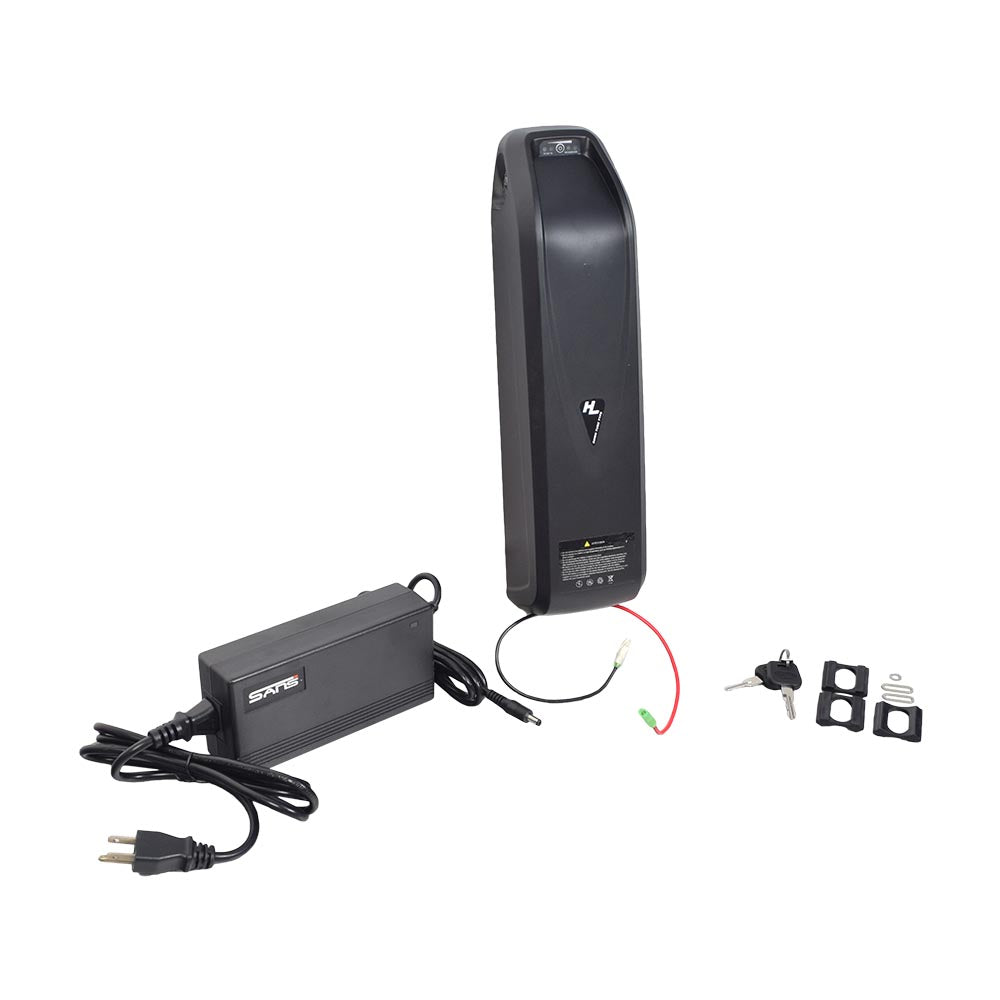 48 Volt 10.4 Ah HaiLong Lithium Battery & Charger Kit for Electric Bikes, featuring a black battery with wires, charger, and keys, designed for mounting on a bike's downtube.