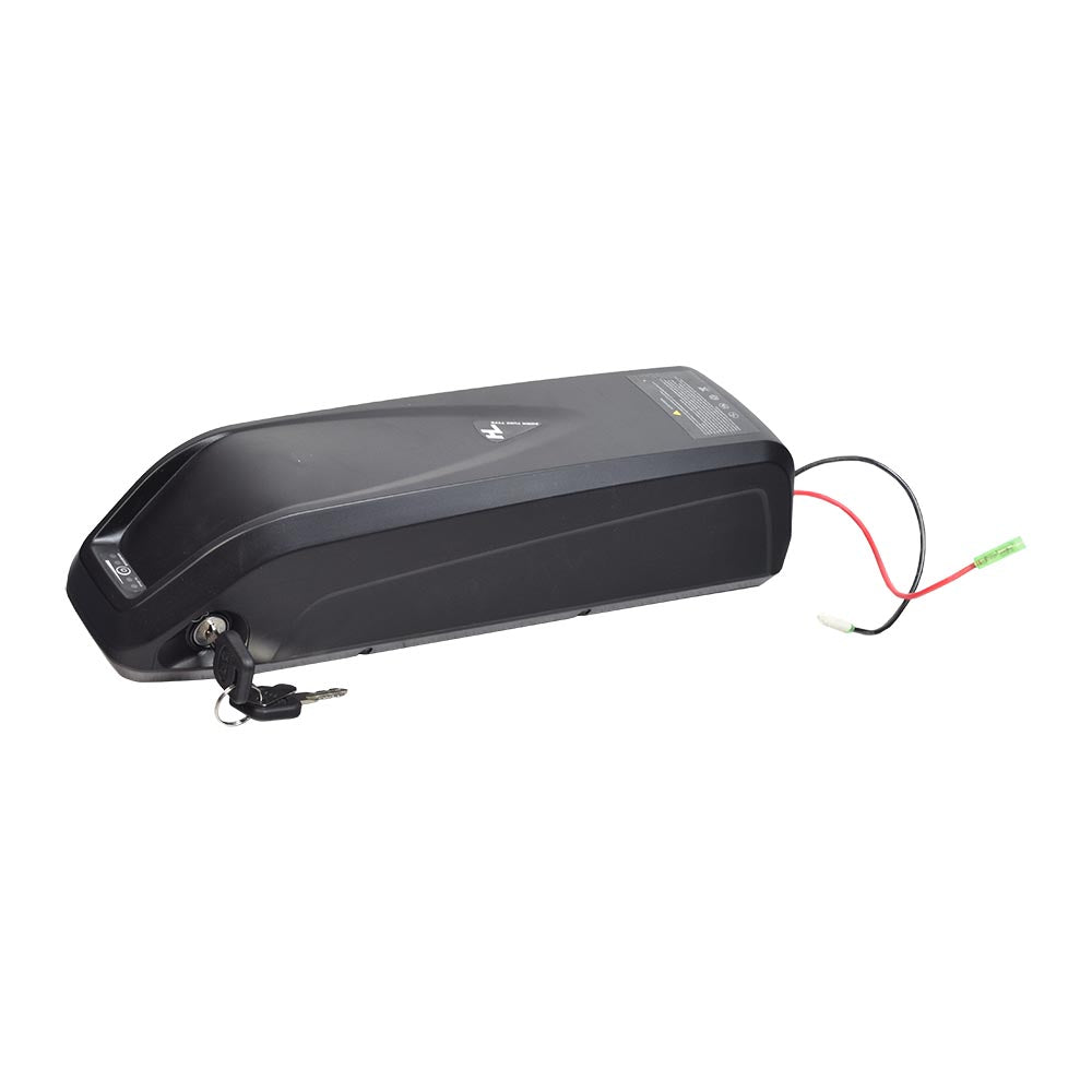 48 Volt 10.4 Ah HaiLong Lithium Battery & Charger Kit for Electric Bikes, featuring a black battery with attached wires, a key, and a charger designed for electric bike downtube mounting.