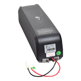 48 Volt 10.4 Ah HaiLong Lithium Battery & Charger Kit for Electric Bikes, featuring a black battery with red and green wires, a white label, green sticker, and a label with a barcode.