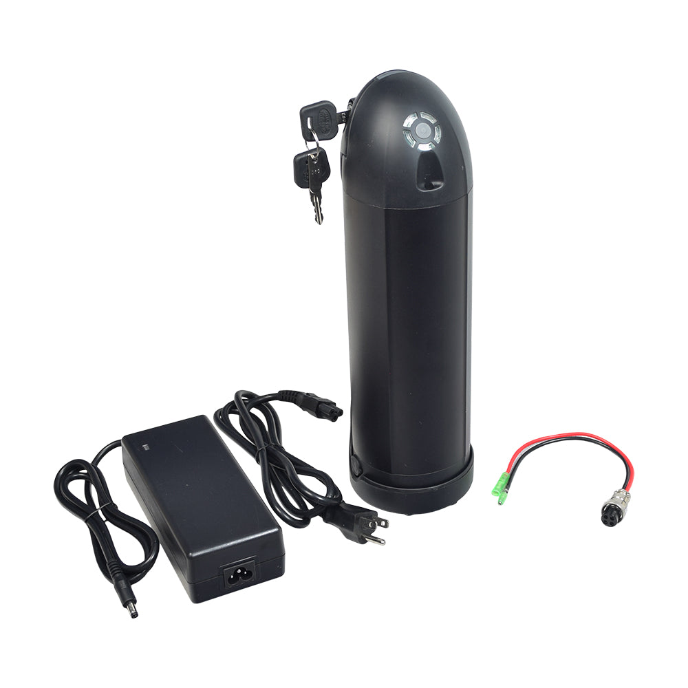 36 Volt 10 Ah Lithium-ion Electric Bike Bottle-Style Battery Pack with bracket, charger, and visible cables, designed for e-bikes, highlighting its compact cylindrical shape and included power adapter.