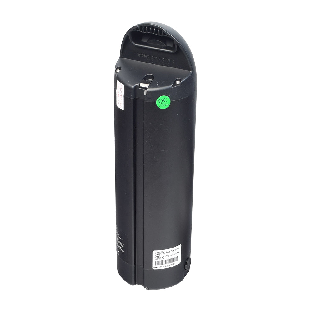 36 Volt 10 Ah Lithium-ion Electric Bike Bottle-Style Battery Pack, Bracket, & Charger, featuring a black cylindrical design with a green label, and including a specialized Lithium-compatible charger.