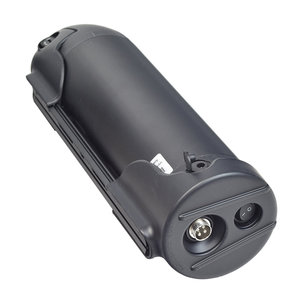 36 Volt 10 Ah Lithium-ion Electric Bike Bottle-Style Battery Pack, Bracket, & Charger featuring a black cylindrical battery with two connectors, designed for efficient e-bike power and rapid recharging.