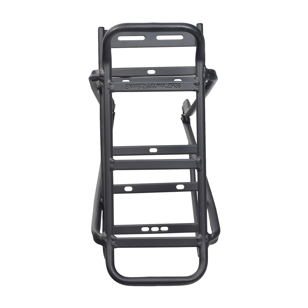 Bike Battery Rack for Lithium-ion Electric Bike Battery Packs, featuring a sturdy black metal frame with dual platforms, designed to securely hold battery packs and provide extra cargo space behind the bike seat.