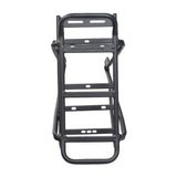 Bike Battery Rack for Lithium-ion Electric Bike Battery Packs, featuring a sturdy black metal frame with dual platforms, designed to securely hold battery packs and provide extra cargo space behind the bike seat.