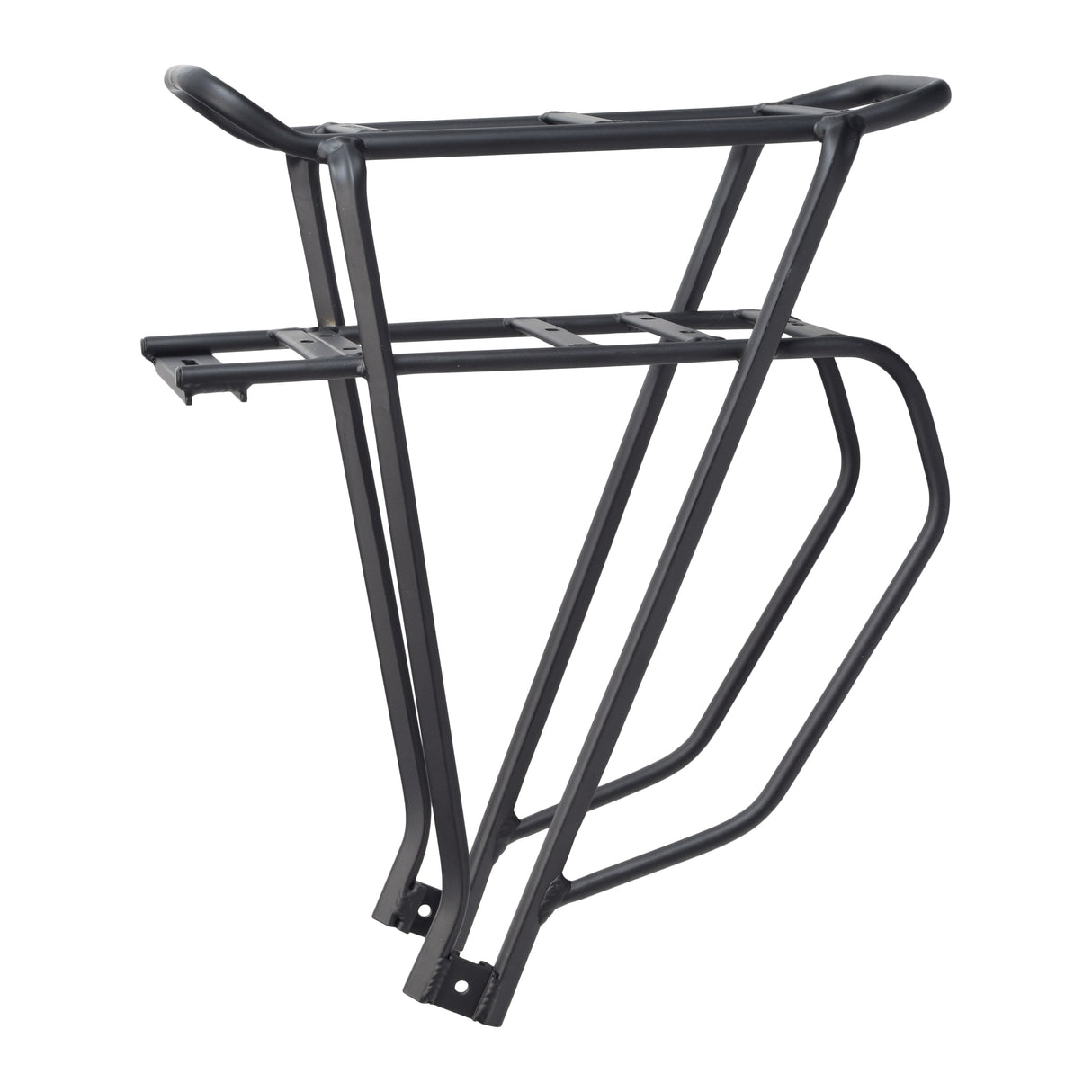 Bike Battery Rack for Lithium-ion Electric Bike Battery Packs featuring a black metal frame with a double-platform design, securely holding flat-pack batteries and providing extra cargo space behind the bike seat.