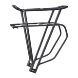 Bike Battery Rack for Lithium-ion Electric Bike Battery Packs featuring a black metal frame with a double-platform design, securely holding flat-pack batteries and providing extra cargo space behind the bike seat.