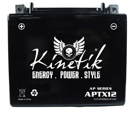 12 Volt 10 Ah APTX12 Platinum Sealed AGM Scooter, ATV, & Dirt Bike Battery with white text, visible positive terminal on the left, negative on the right, and a white circle with a line.