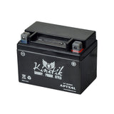 12 Volt YTX4LB Replacement Sealed AGM Go-Kart Battery featuring white text and a skull and wings logo on a black surface, designed for go-karts, scooters, mini bikes, and ATVs.