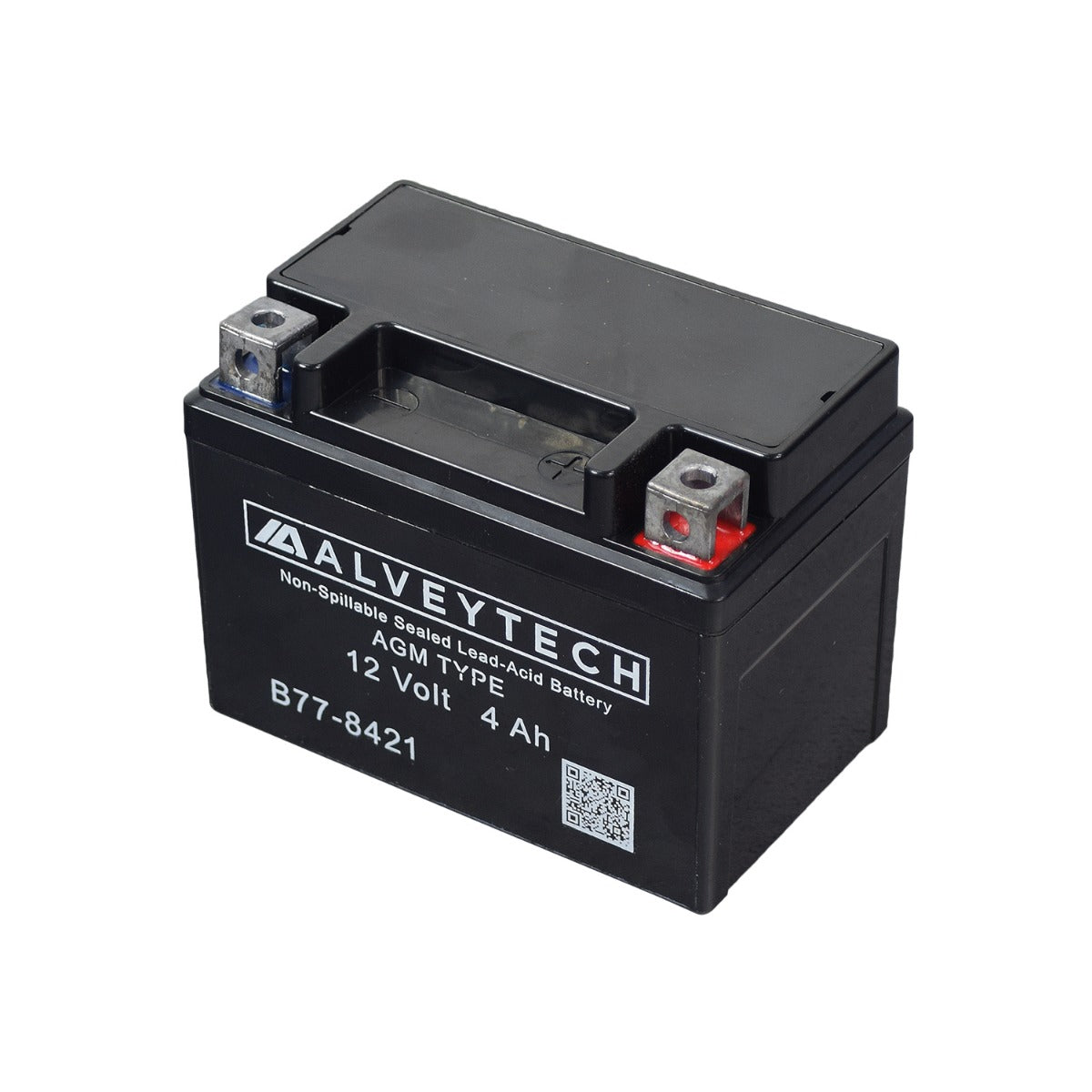 12 Volt YTX4LB Replacement Sealed AGM Battery for TaoTao ATVs, featuring a black casing with white text, two terminals, and a QR code, designed for heat and vibration resistance.