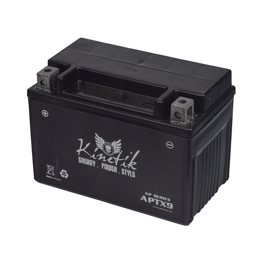 12 Volt YTX9 Replacement Sealed AGM Scooter & Motorcycle Battery with white text on a black casing, suitable for scooters, motorcycles, ATVs, and generators.