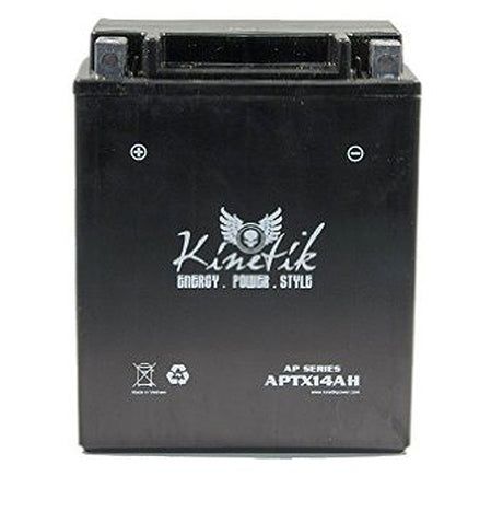 12 Volt YTX14AH Replacement Sealed AGM Scooter & Motorcycle Battery featuring a black casing with white text and a skull logo. Ideal for ATVs, motorcycles, and snowmobiles.