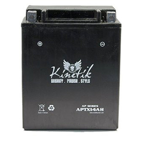 12 Volt 14 Ah YTX14AH Replacement Sealed AGM Snowmobile Battery with white text and a winged skull logo, designed for Arctic Cat, Polaris snow sleds, ATVs, scooters, and motorcycles.