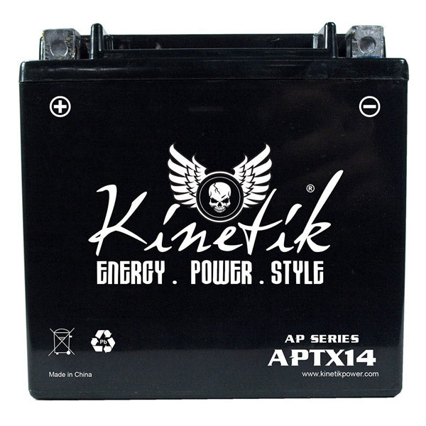 12 Volt YTX14 Replacement Sealed AGM Scooter & Motorcycle Battery, featuring white text on a black surface and a small skull emblem within a circle. Suitable for Suzuki 650cc AN650 Burgman and various ATVs.