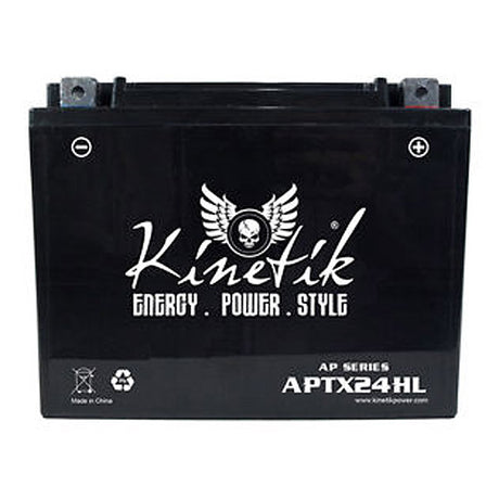 12 Volt YTX24HL Replacement Sealed AGM Scooter & Motorcycle Battery, black with white text, designed for motorcycles, snowmobiles, ATVs, and riding mowers. Features maintenance-free and leak-proof AGM technology.