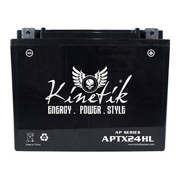 12 Volt 21 Ah YTX24HL Replacement Sealed AGM Snowmobile Battery with visible white text on black casing, suitable for snowmobiles, motorcycles, ATVs, and riding mowers.