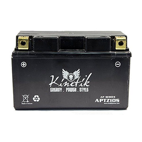 12 Volt YTZ10S Replacement Sealed AGM Scooter & Motorcycle Battery, featuring gold terminals, white text, and a skull and wings logo on its black casing.