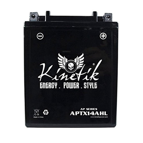 12 Volt YTX14AHL Replacement Sealed AGM Scooter & Motorcycle Battery, featuring white text and a distinct skull with wings logo on its black casing. Ideal for ATVs, motorcycles, mowers, and snowmobiles.