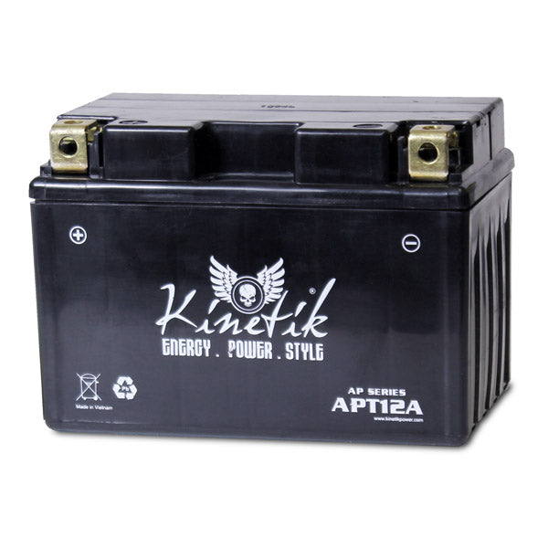 12 Volt YT12A Replacement Sealed AGM Scooter & Motorcycle Battery, black with white text, showcasing left positive and right negative terminals, ideal for scooters, motorcycles, and dirt bikes.