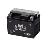 12 Volt YT4L-BS Replacement Dry Charged AGM Battery for TaoTao CY50-B Scooter, featuring a black rectangular body with silver caps, white text, and a visible recycle symbol.