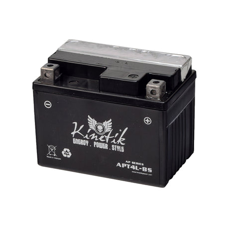 12 Volt YT4L-BS Replacement Dry Charged AGM Battery for TaoTao CY50-T3 Scooter, featuring a black rectangular body with white text, silver caps, and a white recycle symbol on the side.