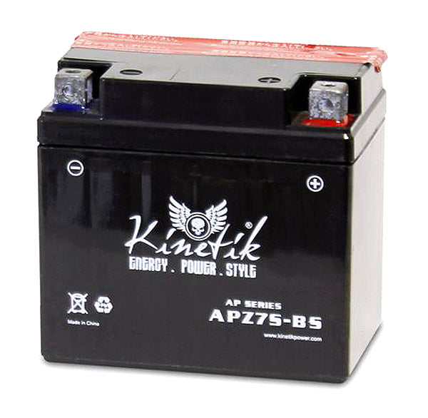 12 Volt YTZ7S-BS Replacement Dry Charged AGM Scooter, ATV, and Dirt Bike Battery, black with white text, features left negative and right positive terminals.