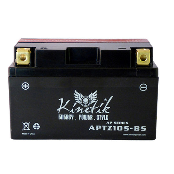 12 Volt YTZ10-BS Replacement Dry Charged AGM Scooter, ATV, and Dirt Bike Battery, featuring a black casing with white text, close-up of terminals, and a clear logo.