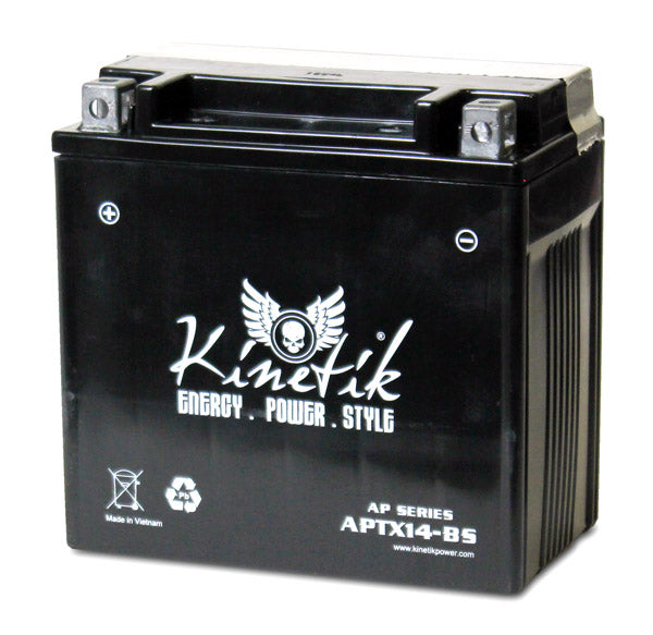 12 Volt YTX14-BS Replacement Dry Charged AGM Scooter, ATV, and Dirt Bike Battery, black with white text, showing positive terminal on the left and negative terminal on the right.