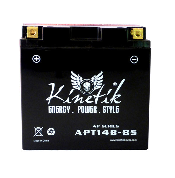 12 Volt YT14B-BS Replacement Dry Charged AGM Scooter, ATV, and Dirt Bike Battery, black with white text, showing clearly marked positive terminal on the left and negative on the right.