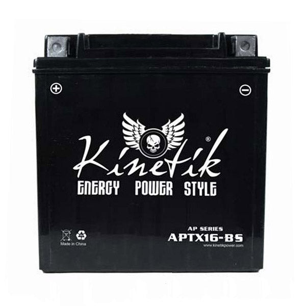 12 Volt YTX16-BS Replacement Dry Charged AGM Scooter, ATV, and Dirt Bike Battery with white text, skull and wings logo, positive terminal on left, negative on right.