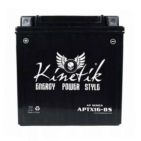 12 Volt YTX16-BS Replacement Dry Charged AGM Scooter, ATV, and Dirt Bike Battery with white text, skull and wings logo, positive terminal on left, negative on right.