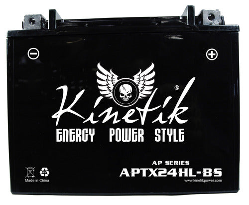 12 Volt YTX24HL-BS Replacement Dry Charged AGM Scooter, ATV, and Dirt Bike Battery with white text and a skull with wings logo on a black casing. Positive terminal on the right, negative on the left.