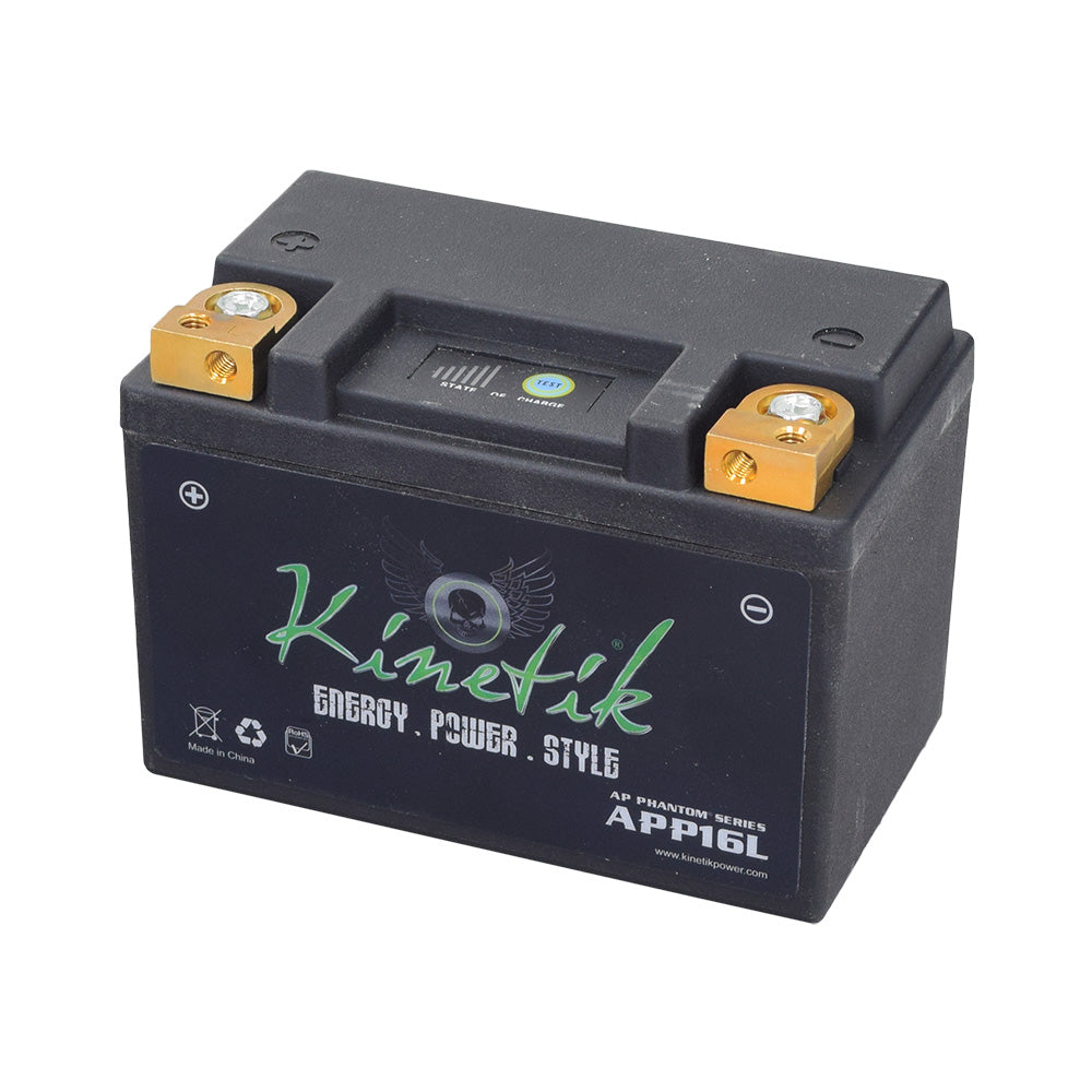 12.8 Volt 16 Ah Replacement APP16L Lithium-Iron (LiFePO4) Battery (Kinetik) with gold and silver terminals, part of the lightweight and long-lasting UPG Kinetik Series for motorcycles and scooters.