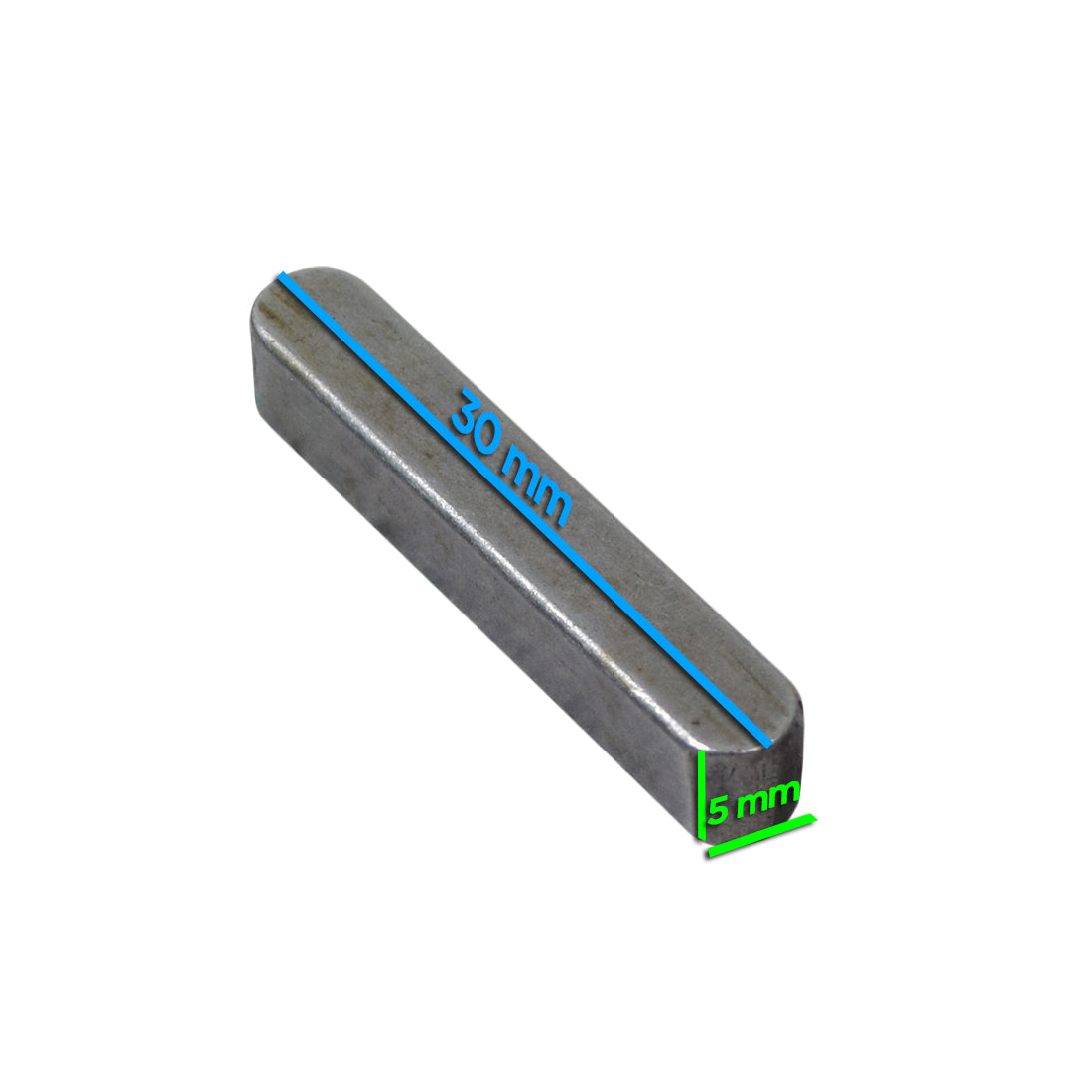 5 mm x 5 mm x 30 mm Jackshaft Sprocket Key for the Coleman BT200X, CT200U Trail, and CT200U-EX Mini Bikes, featuring a metal bar with blue lines and a close-up of its textured surface.