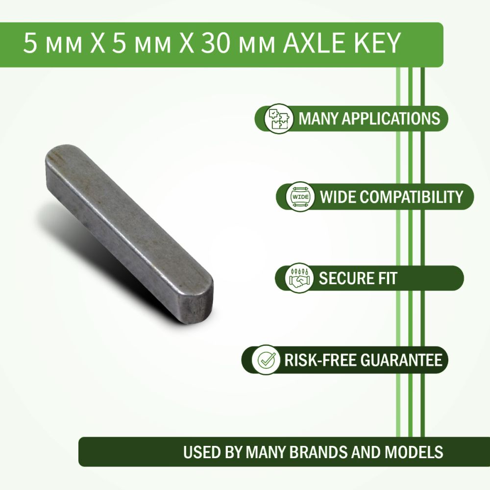 Axle Key for Vive Mobility Scooters shown as a close-up of a metal bar with text overlay. This essential hardware secures the drive wheel to the shaft, fitting into the keyway slot.