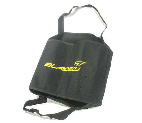 Battery Bag for (2) 12 Volt 10 Ah Batteries featuring a black design with yellow text, a strap for easy carrying, and capacity to hold two batteries, ideal for the Quick Change System (QCS).