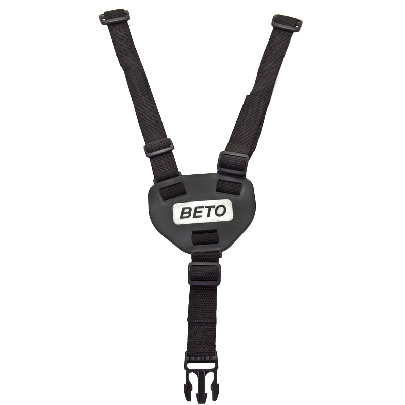 Harness & Chest Plate Assembly for Child Carrier Baby Seats featuring durable black nylon webbing with white text and a pinch-buckle fastener for easy securing and removal.