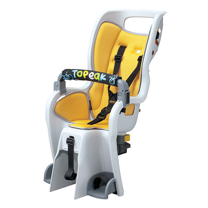 BabySeat II Child Carrier with Rack for Bikes, featuring a yellow and white design, adjustable footrests, and a 6-point harness system for enhanced child safety and comfort.