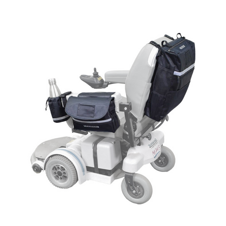 Saddle Bag, Seat Back Bag (Backpack), & Cup Holder Combination for Mobility Scooters, Power Chairs, & Wheelchairs shown with attached bags and cup holder, highlighting storage options and functionality.