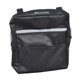 Seat Back Bag (Backpack) & Cup Holder Combination for Mobility Scooters, Power Chairs, & Wheelchairs: A black bag with a white stripe, featuring multiple compartments and a matching cup holder with secure mounting.