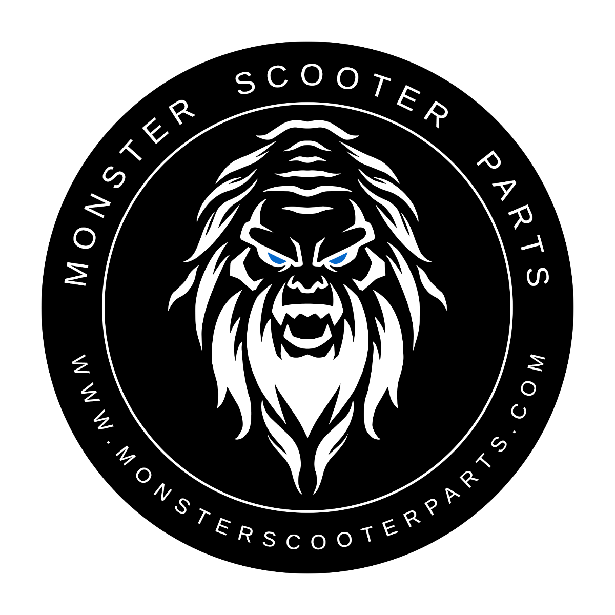 Monster Scooter Parts Sasquatch Sticker featuring a black and white gorilla face logo with blue eyes, printed on adhesive-backed vinyl. Ideal for various vehicles and personal items.