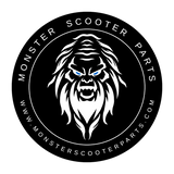 Monster Scooter Parts Sasquatch Sticker featuring a black and white gorilla face logo with blue eyes, printed on adhesive-backed vinyl. Ideal for various vehicles and personal items.