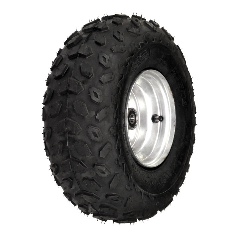 145/70-6 Front Wheel Assembly for Baja Blitz, Dirt Bug, Doodle Bug, & Racer, featuring a black tire with a silver rim. Close-up highlights tread and wheel system details.